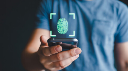 Fingerprint scan on mobile phone for security and identification biometric authentication technology