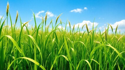 Lush green grass field under a bright blue sky