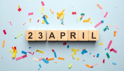 Wooden Blocks with Date 23 April. Calendar for birthday or anniversary on solid colored background with confetti