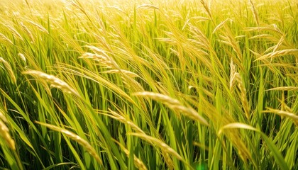 Lush green barley field illuminated by sunlight