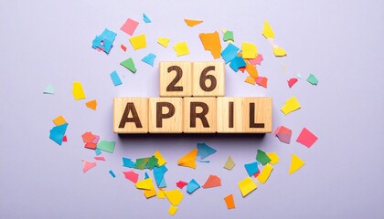 Wooden Blocks with Date 26 April. Calendar for birthday or anniversary on solid colored background with confetti