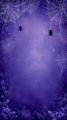 Deep purple halloween web frame with spiders and forest foliage