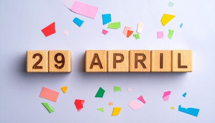 Wooden Blocks with Date 29 April. Calendar for birthday or anniversary on solid colored background with confetti