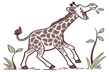 Cartoon Giraffe Eating Leaves with Spots on White Background