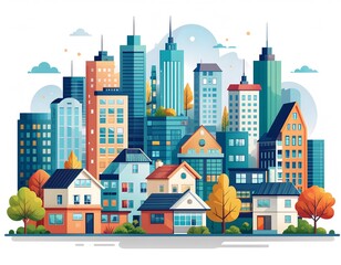Obraz premium Colorful flat design illustration of a modern cityscape featuring downtown skyscrapers and cozy suburban houses, symbolizing urban development, real estate, and community living