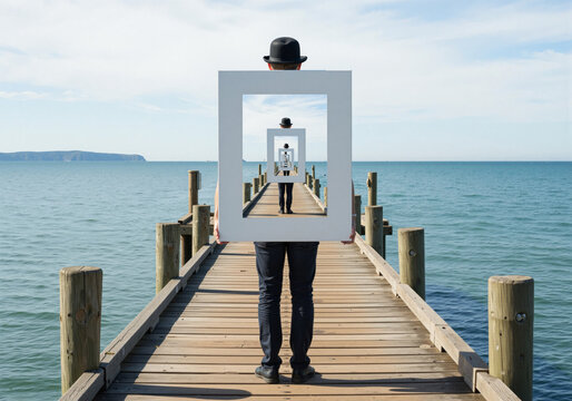 Person holding recursive frames on a tranquil pier