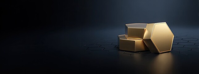 Three golden hexagonal prisms on a dark, textured surface
