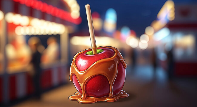 A glossy caramel apple on a stick with a rich, melted caramel sauce dripping down, set against a blurred background of a festive fairground at night