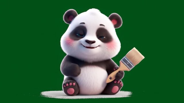 Animated panda holding paintbrush on green background for design