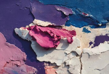Close up of cracked and peeling purple, pink, blue, and white paint layers, creating a textured abstract surface