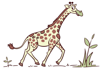 Cartoon Giraffe Running on White Background with Brown Spots and Green Plants