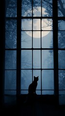 Black cat silhouette at a window with full moon beyond