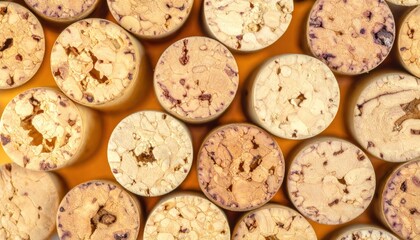 Macro of cork granulate agglomerate pores honey tones even illumination representing warm material surface suitable for product mockup and interior design