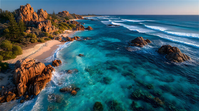 Coastal Paradise Azure Waters and Golden Sands with Rocky Structures 