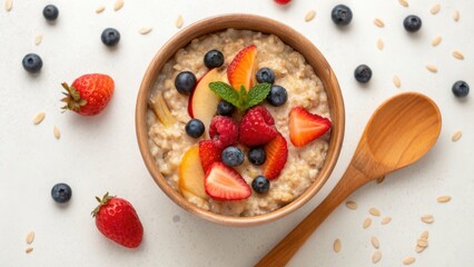 Sustainable Morning Meal Concept. Healthy oatmeal bowl topped with fresh fruits and seeds, served with a wooden spoon.