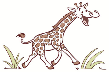 Cartoon Giraffe Running Design with Brown Spots, Smiling on White Background