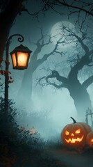Glowing jack o lanterns in a misty forest with moonlit lamppost