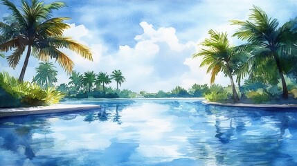 Fototapeta premium Serene tropical resort with palm trees and swimming pool