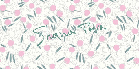 Fototapeta premium Rosh Hashana greeting vector background. Wishing Happy New Year in Hebrew. Hand-lettered text decorated with hand drawn pomegranate branch. Isolated on the white