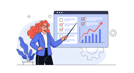 Illustrating a successful business growth strategy with an analyst presenting data and charts on a screen