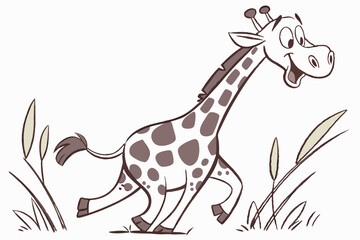 Cartoon Giraffe Running with Joy in Wild Field on White Background