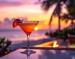 夕暮れの太陽と海とカクテル