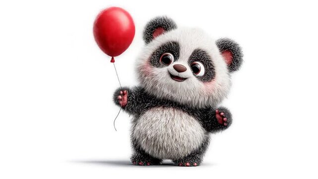 Animated panda holding red balloon against white background