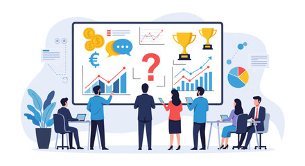 Business team analyzing financial growth charts and strategy planning discussion in meeting room