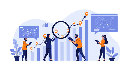Business analytics team collaborating on data trends with magnifying glass and charts to understand financial growth and performance metrics