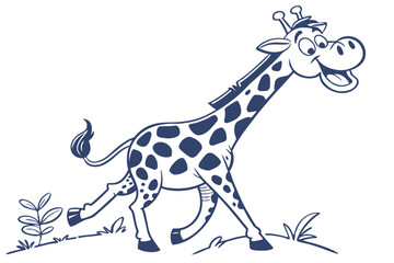 Cartoon Giraffe Running with Spots on White Background Animal Line Art