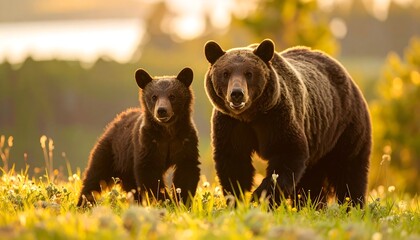 Two bears in a meadow at sunrise