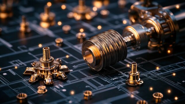 Exploring the Intricate Details of a Metal Component Captured in a Shallow Focus Circuit Blueprint - Powered by Adobe