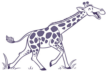 Cartoon Giraffe Running with Purple Spots and Outline on White Background