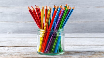 A collection of colorful pencils in a glass jar on a weathered white wooden surface, top angle
