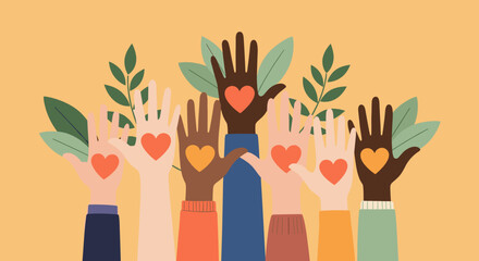 Diverse hands reaching upward showcasing love hope and unity through shared humanity and growth