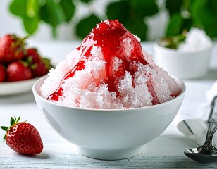 イチゴのシロップがかかったかき氷