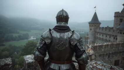 Fototapeta premium Knight in armor overlooking a misty castle and valley
