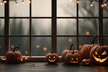 Glowing jack o lanterns on wooden floor by window with soft candlelight