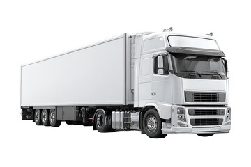 A white semi-truck and trailer, isolated on black.  Modern, commercial vehicle,  blank cargo space
