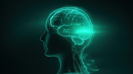 Obraz premium Human Brain with Glowing Neural Network in Side View, Digital Illustration for Neuroscience Education, Medical Research and Tech Concept, Abstract Cerebral Activity with Cyan Light Points