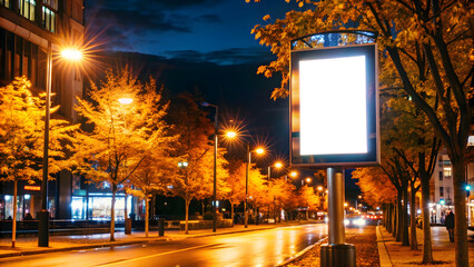 Blank billboard on city street at night in autumn, mockup for your design