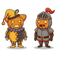 Cartoon Halloween Characters Pumpkin Clown and Knight with Orange Heads and Festive Costumes.