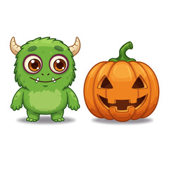 Cartoon Green Monster with Horns and Smiling Halloween Pumpkin with Carved Face.