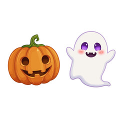 Fototapeta premium Cartoon Halloween Pumpkin with Carved Face and Cute Ghost with Purple Eyes.
