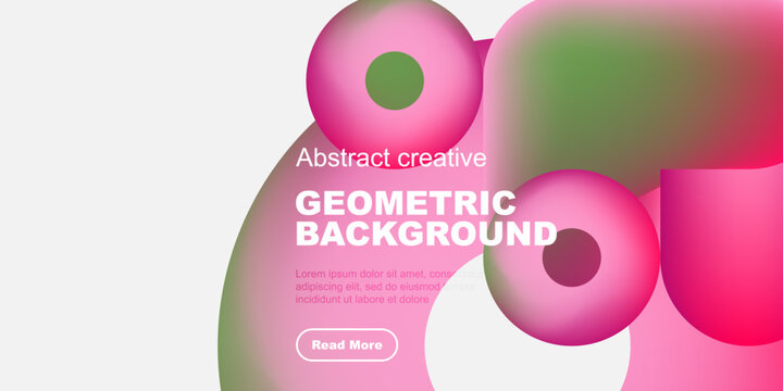 Abstract shapes overlap, creating vibrant color gradients. Text promotes geometric background design, includes call to action.