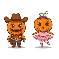 Cartoon Pumpkin Cowboy and Ballerina Halloween Duo with Cute Expressions.