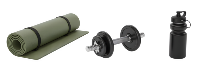 Fitness essentials featuring a rolled yoga mat dumbbell and water bottle against a for healthy lifestyle promotion