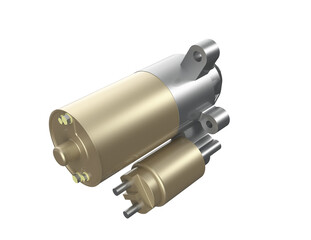 Isolated Car Starter Motor PNG - Crucial Engine Electrical Part for Auto Ignition Systems and Vehicle Maintenance. Professional Studio Shot of a Heavy-Duty Replacement Component for Reliable Starting.