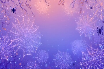Glowing spiderwebs with hanging spiders on dreamy purple and pink background