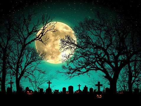 Spooky Halloween Graveyard with Glowing Full Moon and Twisted Trees, Eerie Background for Horror Theme Design, Party Invitations and Seasonal Marketing, Haunting Jack-o-Lanterns and Tombstones